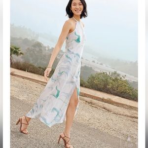 NEW EXPRESS ABSTRACT MARBLE PRINT SATIN ASYMMETRICAL HEM MAXI SLIP DRESS S SMALL